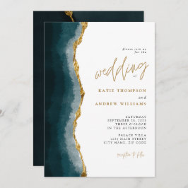 Elegant Turquoise Gold Agate Calligraphy Wedding Kaart