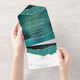 Elegant Turquoise & Gold Agate Wedding All In One Uitnodiging