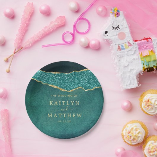 Elegant Turquoise & Gold Agate Wedding Papieren Bordje (Feest)