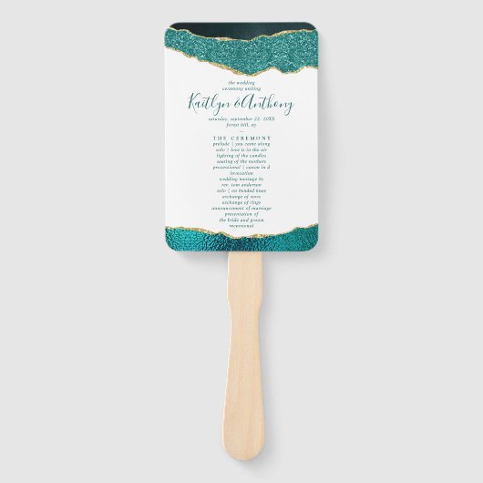 Elegant Turquoise & Gold Agate Wedding Program Handwaaier (Voorkant)