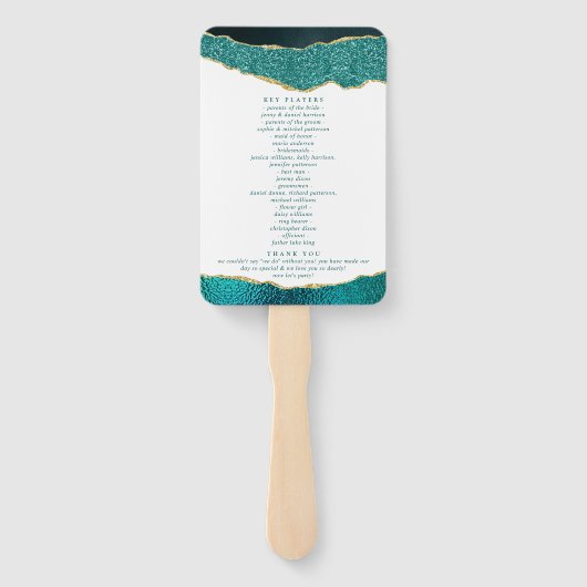 Elegant Turquoise & Gold Agate Wedding Program Handwaaier (Achterkant)