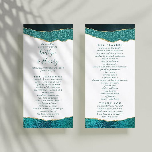 Elegant Turquoise & Gold Agate Wedding Program Reclamekaart