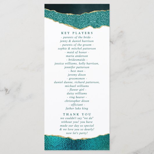 Elegant Turquoise & Gold Agate Wedding Programmakaart (Achterkant)