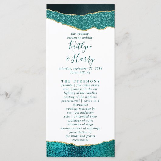 Elegant Turquoise & Gold Agate Wedding Programmakaart (Voorkant)
