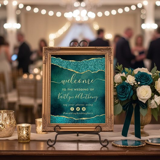 Elegant Turquoise & Gold Agate Wedding Welkom Poster