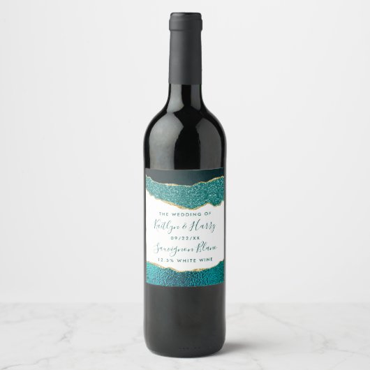 Elegant Turquoise & Gold Agate Wedding Wijn Etiket (Voorkant)