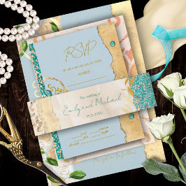 Elegant Turquoise Gold Floral Lace Wedding         Uitnodigingen Wikkel
