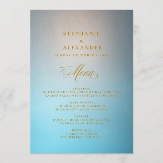 Elegant Turquoise Gold Script Wedding Menu (Voorkant)