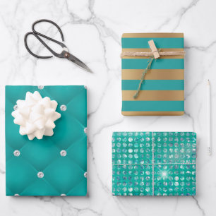 Elegant Turquoise Gold Stripes Glitter Gift Inpakpapier Vel