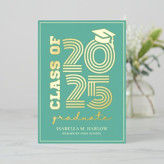 Elegant Turquoise High School Afstuderen Gold Folie Uitnodiging (Staand Voorkant)