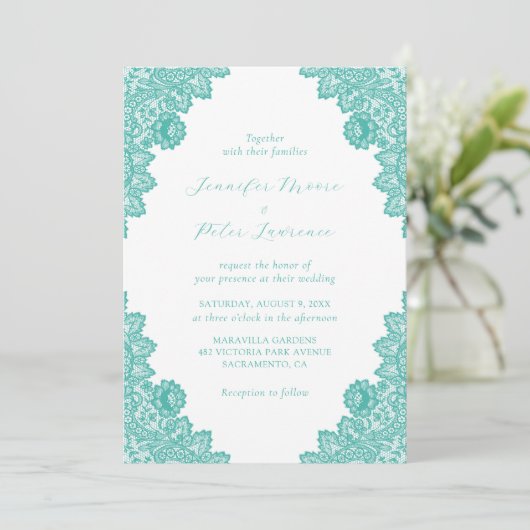 Elegant Turquoise Lace Wedding Invitation Kaart (Staand voorkant)