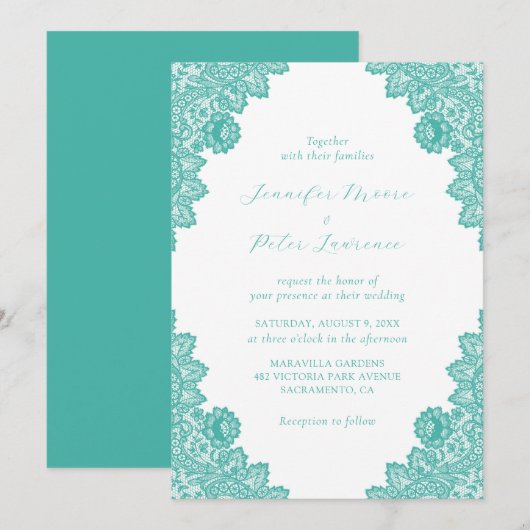 Elegant Turquoise Lace Wedding Invitation Kaart (Voorkant / Achterkant)