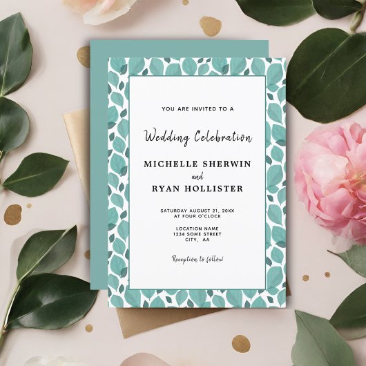 Elegant Turquoise Leaf Pattern Botanical Wedding I Kaart