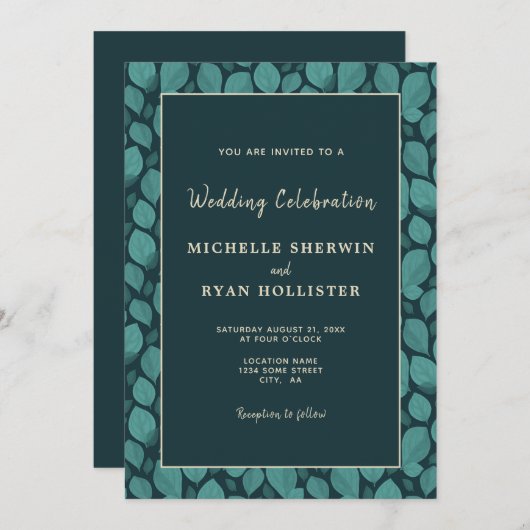 Elegant Turquoise Leaf Pattern Botanical Wedding I Kaart (Voorkant / Achterkant)