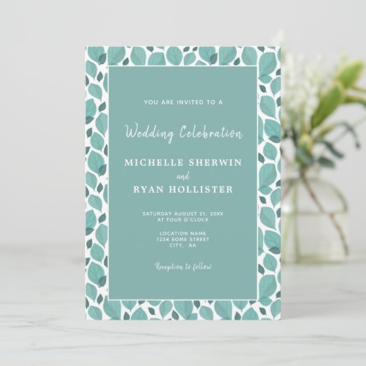 Elegant Turquoise Leaf Pattern Botanical Wedding Kaart (Staand voorkant)