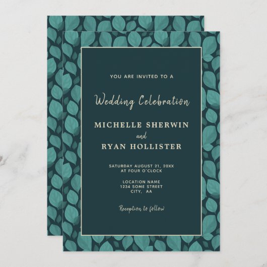 Elegant Turquoise Leaf Pattern Botanical Wedding Kaart (Voorkant / Achterkant)