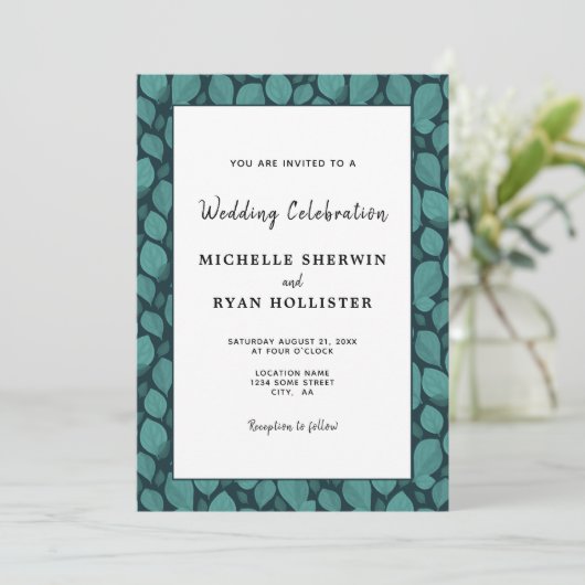 Elegant Turquoise Leaf Pattern Botanical Wedding Kaart (Staand voorkant)