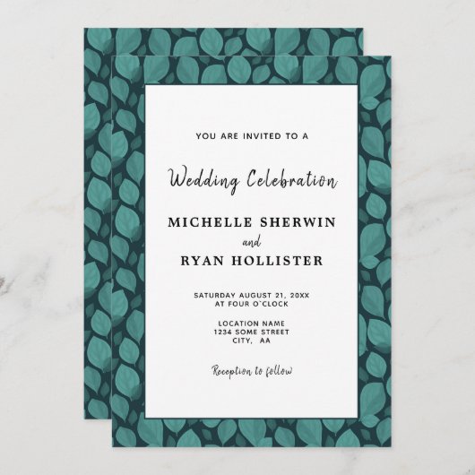 Elegant Turquoise Leaf Pattern Botanical Wedding Kaart (Voorkant / Achterkant)