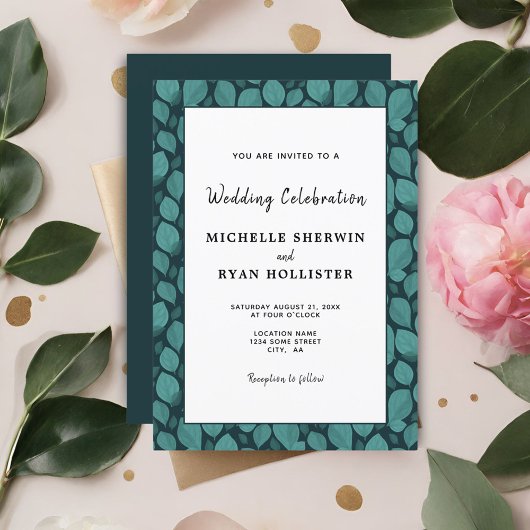 Elegant Turquoise Leaf Pattern Botanical Wedding Kaart