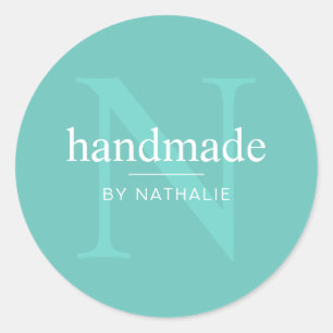 Elegant Turquoise Monogram Handgemaakt Op Maat Gem Ronde Sticker