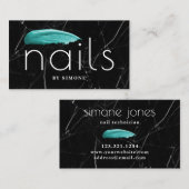 Elegant turquoise nagellak zwarte marmer visitekaartje (Voorkant / Achterkant)
