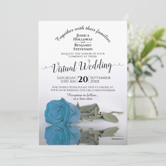 Elegant Turquoise of Sky Blue Roos Virtual Wedding Kaart (Staand voorkant)
