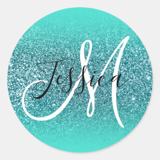 Elegant Turquoise Ombre Faux Blauwgroen Glitter Mo Ronde Sticker (Voorkant)