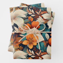 Elegant Turquoise Oranje Bloem Patroon Bloem Inpakpapier Vel