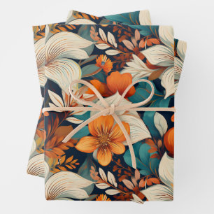 Elegant Turquoise Oranje Bloem Patroon Bloem Inpakpapier Vel