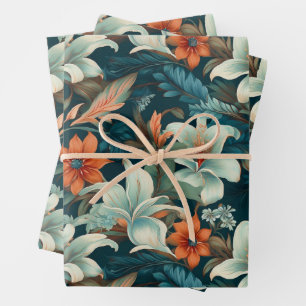Elegant Turquoise Oranje Bloem Patroon Bloemstuk Inpakpapier Vel