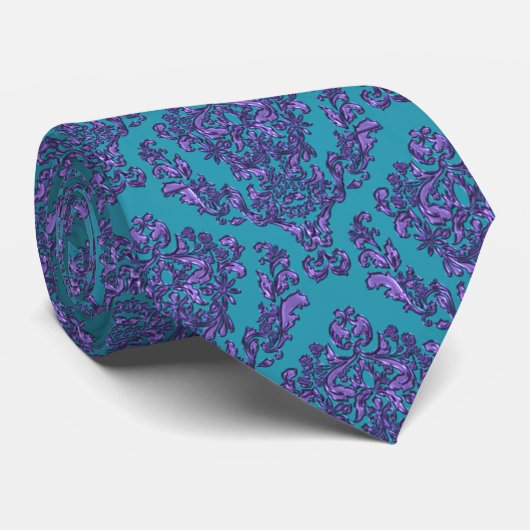 Elegant Turquoise Paarse Damask Print Stropdas (Opgerold)