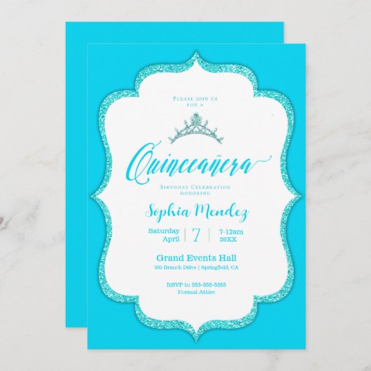 Elegant Turquoise Quinceanera Uitnodiging (Voorkant / Achterkant)