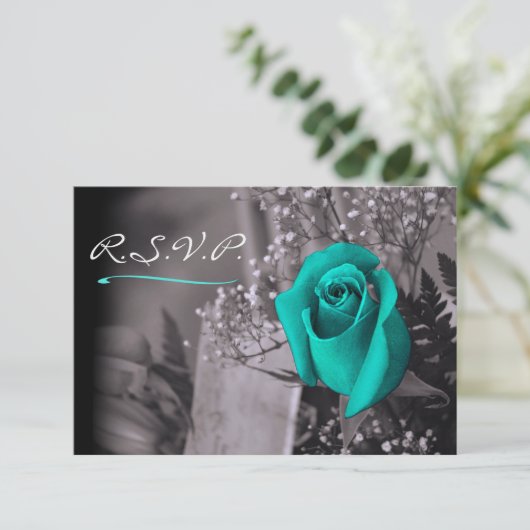 Elegant Turquoise Roos op Warm Grey RSVP (Staand voorkant)