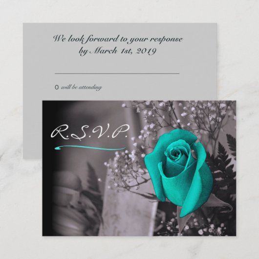 Elegant Turquoise Roos op Warm Grey RSVP (Voorkant / Achterkant)