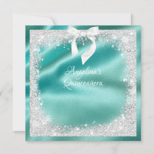 Elegant Turquoise Satin, Silv Glitter, Quinceanera Kaart