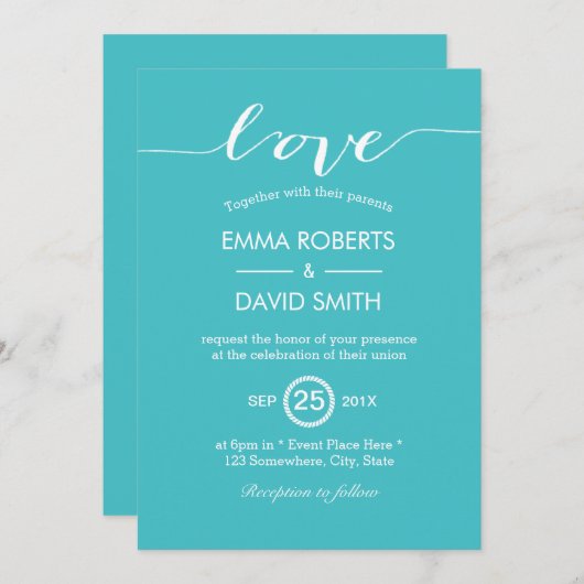 Elegant Turquoise Script Love Wedding Invitations Kaart (Voorkant / Achterkant)