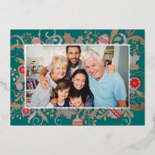 Elegant Turquoise & Silver Custom Fotokerstmis Folie Feestdagenkaart (Voorkant)