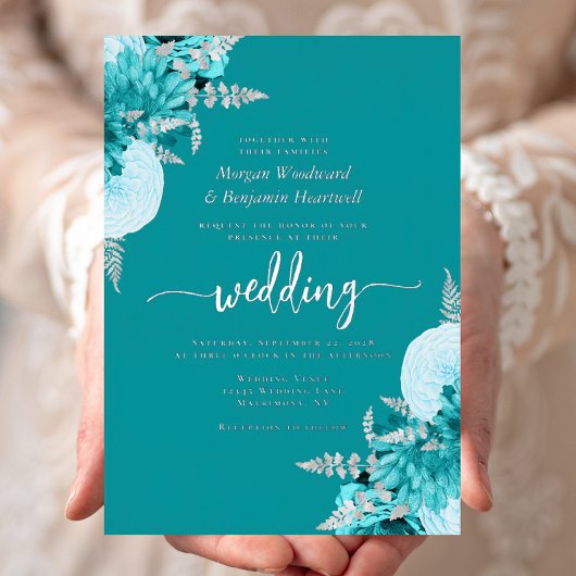 Elegant Turquoise Silver Floral Wedding Folie Uitnodiging