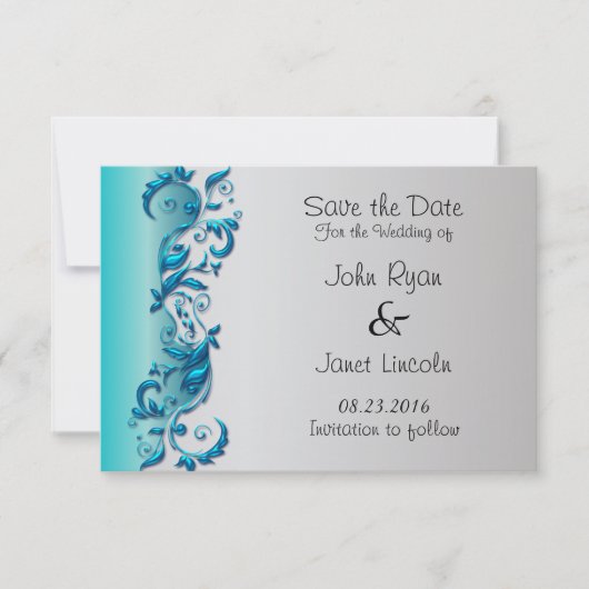 Elegant Turquoise & Silver Florid Wedding Design Save The Date (Voorkant)