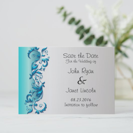Elegant Turquoise & Silver Florid Wedding Design Save The Date (Staand voorkant)