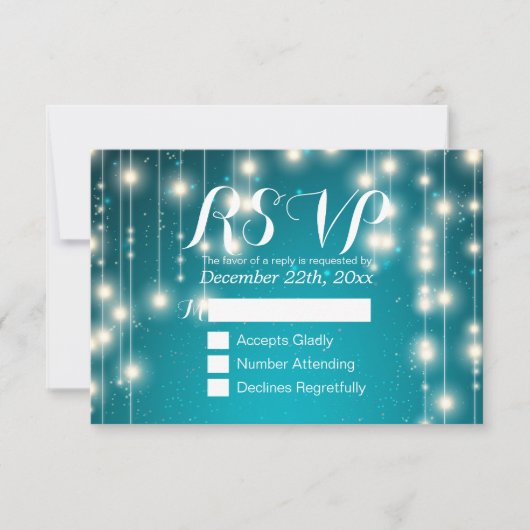 Elegant Turquoise String Lights Wedding RSVP ReAnt (Voorkant)