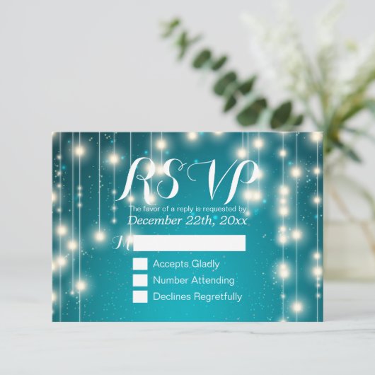 Elegant Turquoise String Lights Wedding RSVP ReAnt (Staand voorkant)