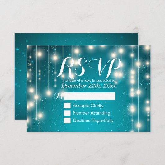 Elegant Turquoise String Lights Wedding RSVP ReAnt (Voorkant / Achterkant)