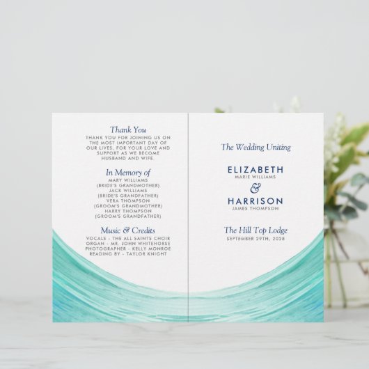 Elegant Turquoise Tides Beach Wedding Programme (Staand voorkant)