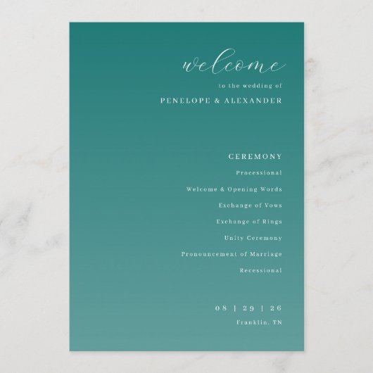Elegant Turquoise Trouwceremonieprogramma Programmakaart (Voorkant)