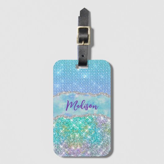 Elegant Turquoise unicorn faux glitter monogram Bagagelabel (Voorkant (verticaal))