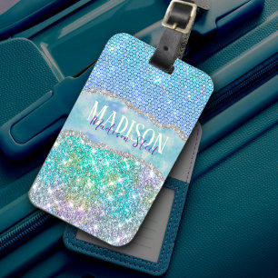Elegant Turquoise unicorn faux glitter monogram Bagagelabel