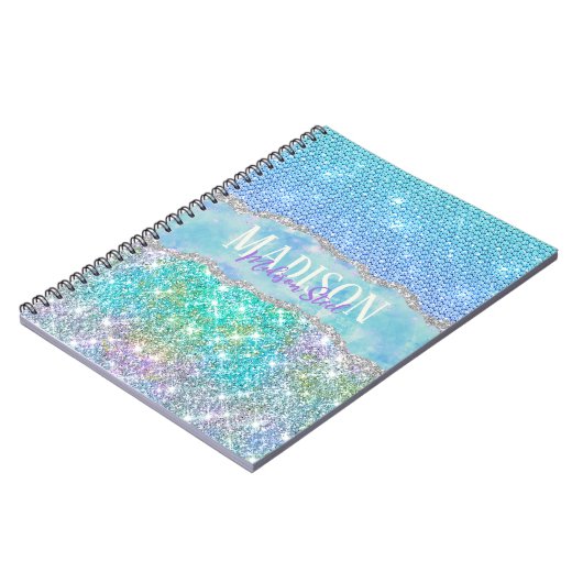 Elegant Turquoise unicorn faux glitter monogram nr Notitieboek (Linkerzijde)