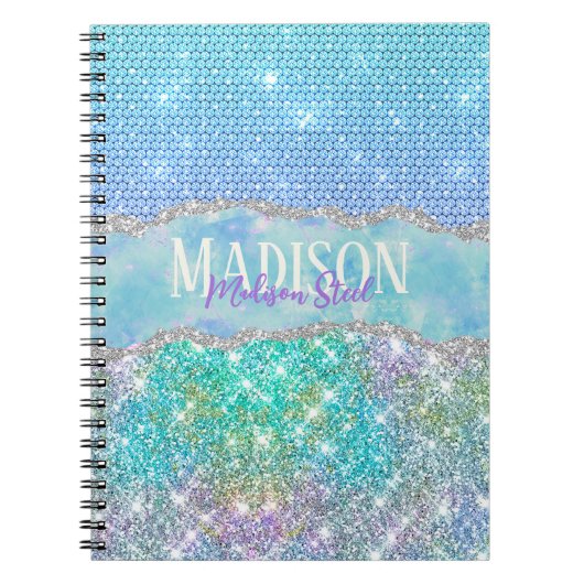 Elegant Turquoise unicorn faux glitter monogram nr Notitieboek (Voorkant)