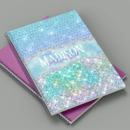 Elegant Turquoise unicorn faux glitter monogram nr Notitieboek